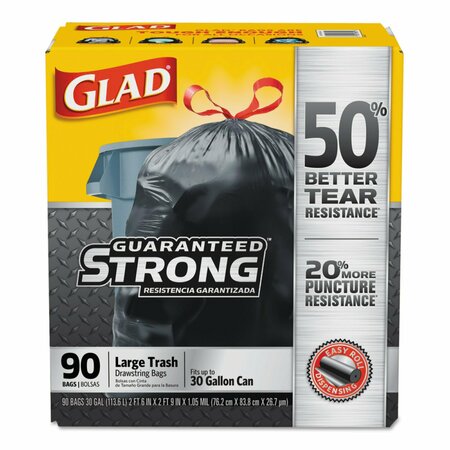 Glad 30 gal Trash Bags, 30 in x 33 in, Super Heavy-Duty, 1.05 mil, Black, 90 PK 78952